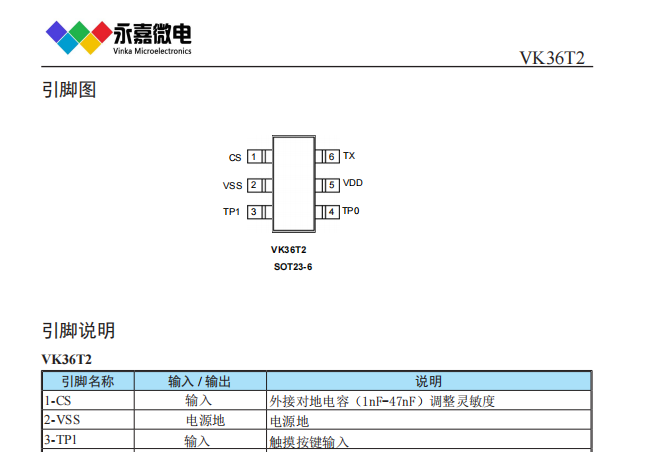 低功耗触控触感IC原厂的VK36系列用于蓝牙耳机/触摸产品规格书