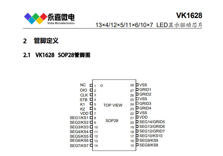 高抗干扰数显驱动LED显示IC芯片VK1628