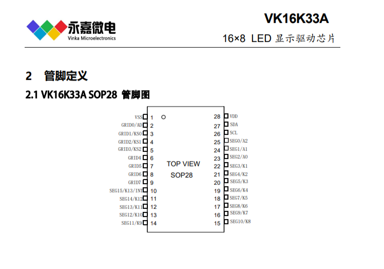 高亮LED驱动IC数码管驱动原厂芯片VK16K33