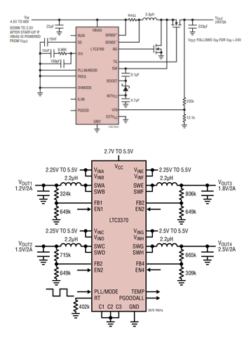 电源管理（PMIC）LTC3769EFE、LTC3370HUH DC/DC 控制器、稳压器应用图