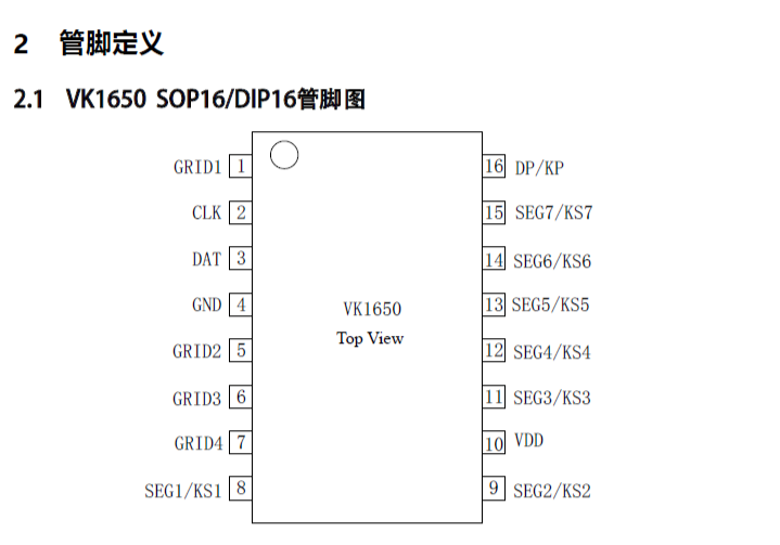 抗干扰数显驱动VK1650 SOP16/DIP16点阵数显驱动IC，数显驱动器原厂技术支持