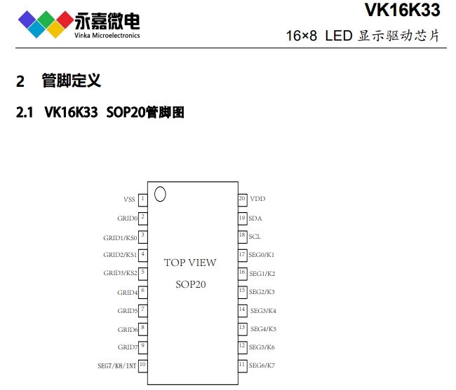 高亮数显驱动芯片VK16K33多功能LED驱动控制器在市面上可替代16K33
