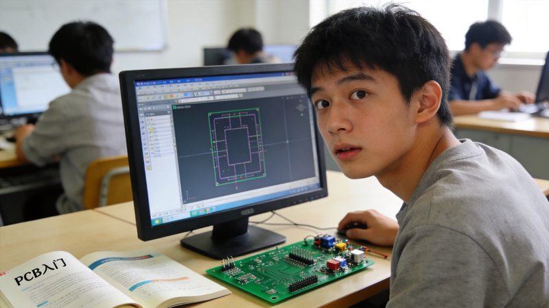零基础学员学习PCB设计场景,电脑显示PCB软件界面