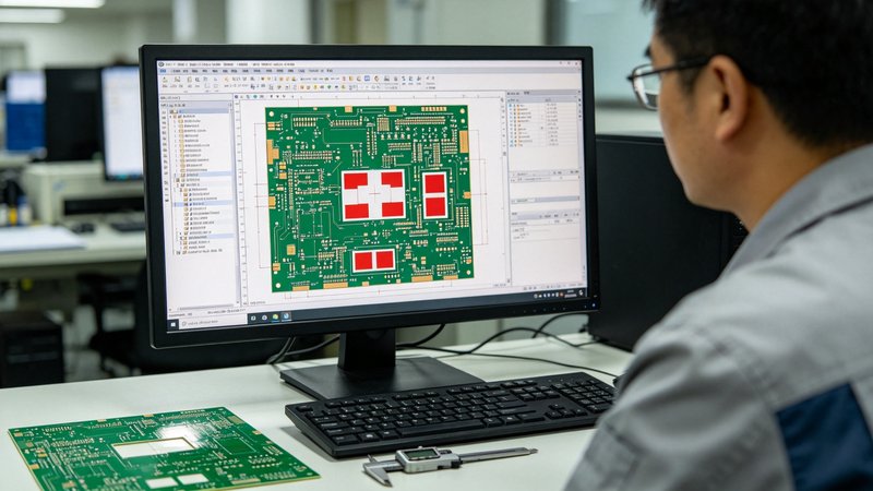 PCB工程师在电脑前检查PCB阻焊开窗与丝印Gerber文件，桌面有PCB样板