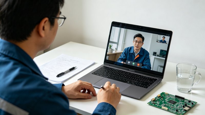 电子工程师在整洁书桌前进行视频面试,电脑显示会议界面,桌上有纸笔和PCB板