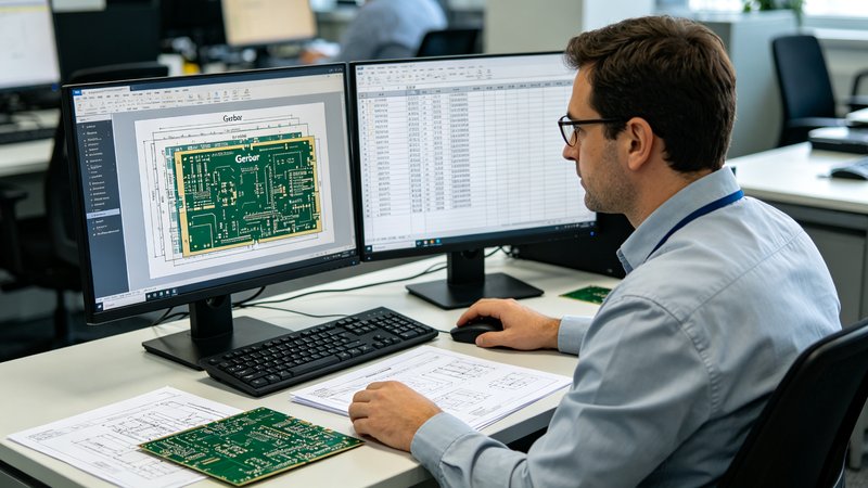 工程师在电脑前整理 Gerber 文件和 BOM 表，桌上放 PCB 实物和工艺沟通邮件