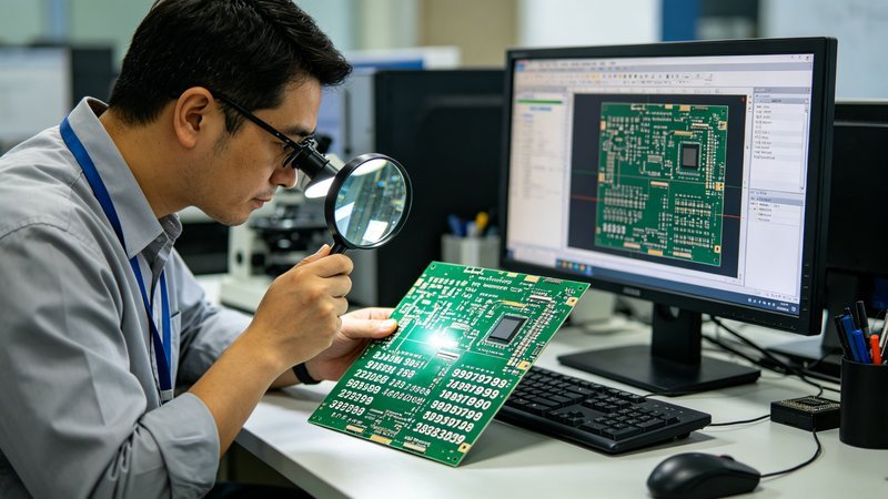 工程师在 PCB 上检查丝印字符位号，桌上放大镜和设计软件显示丝印层
