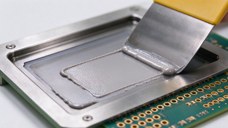 PCB 钢网特写，SMT 锡膏印刷，钢网开窗和厚度，刮刀