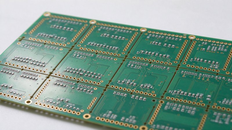 PCB 拼板特写,V-cut 割线和邮票孔连接,多块小板拼成大板,SMT 生产