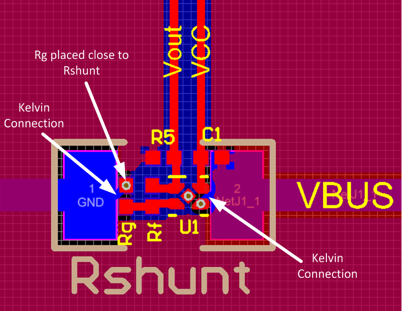 图5：TI给出的实际PCB布局示例，采样连接直接落在Shunt附近，并把相关小信号器件放得很近。