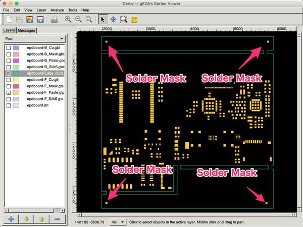 图2:Gerber Viewer里单独查看Solder Mask层,能直接确认哪些位置最终会开窗。