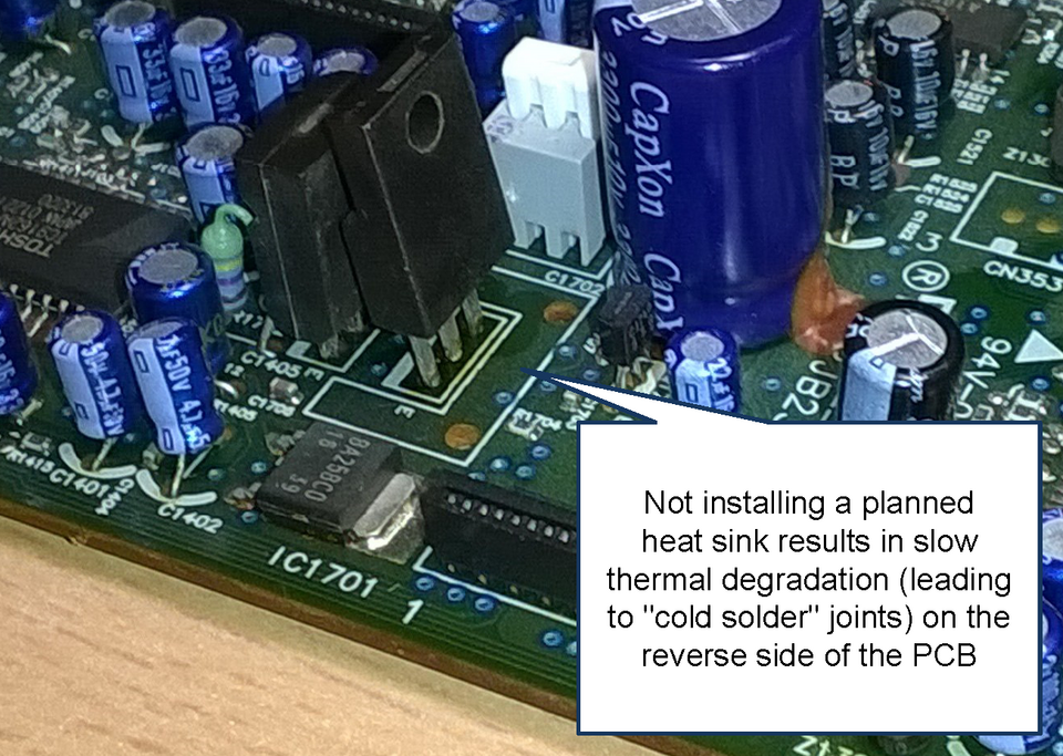 PCB上未安装预期散热器导致热退化和焊点问题的示例图。