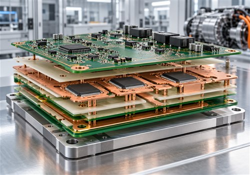 AI生成示意图|多层PCB与嵌入式功率芯片结构