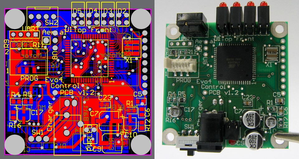 左为PCB CAD版图，右为对应的实物电路板，展示铜走线、阻焊、丝印和实装器件