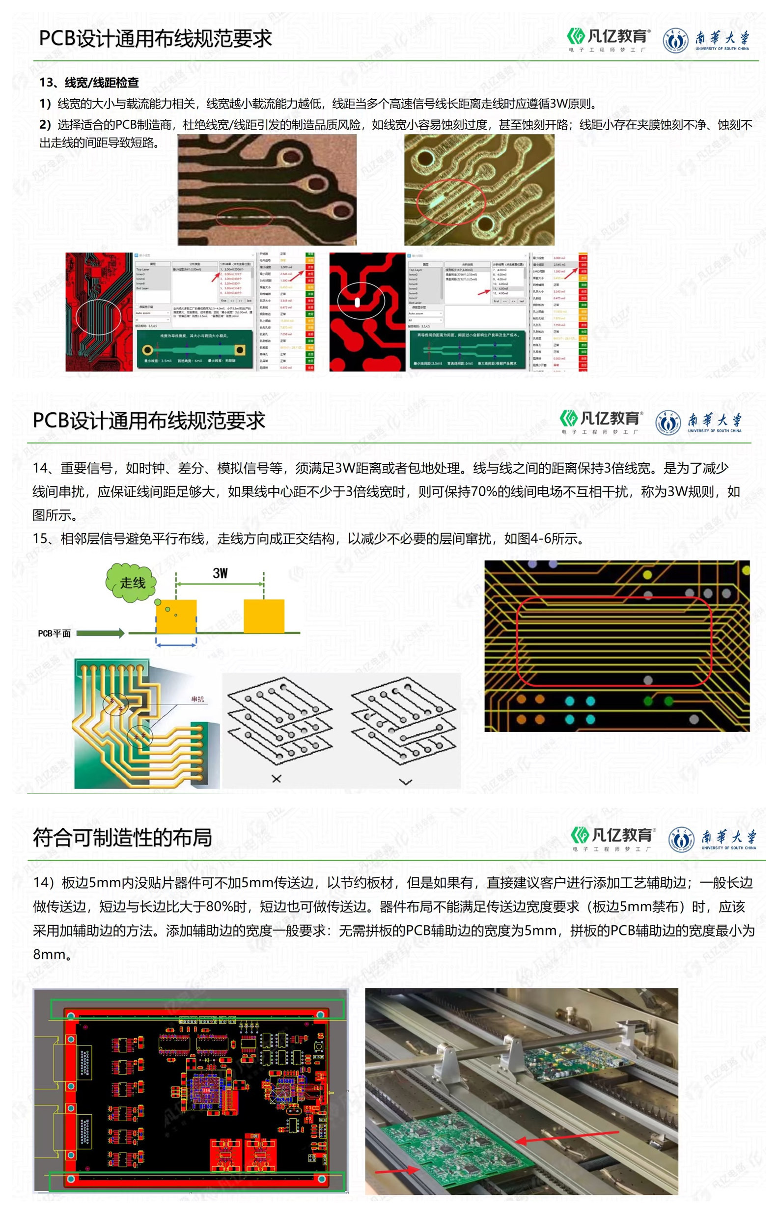 三张PCB课件拼图：线宽线距检查、3W走线间距与可制造性设计