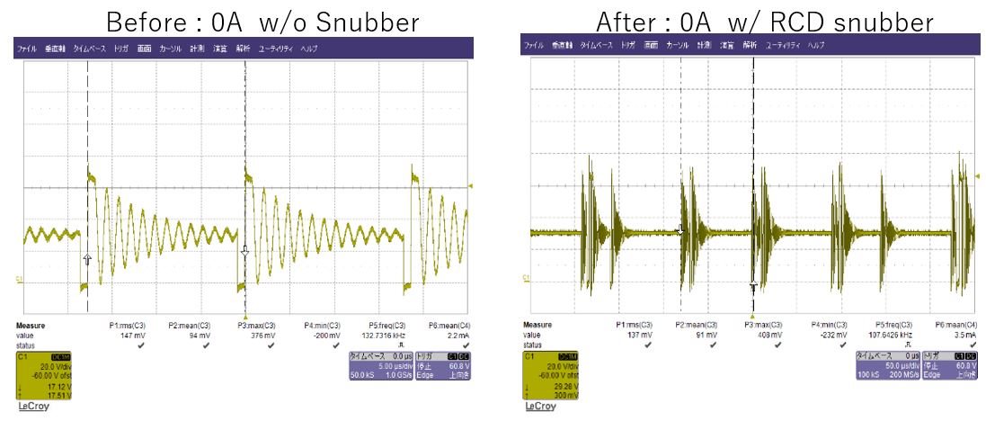 图3：不同吸收条件下测得的开关波形，需要结合负载和电压条件比较。
